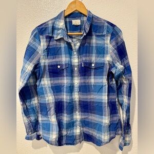 Levi’s Women’s Pearl Snap Plaid Shirt Western Cowgirl Ranch Sz L Blue White